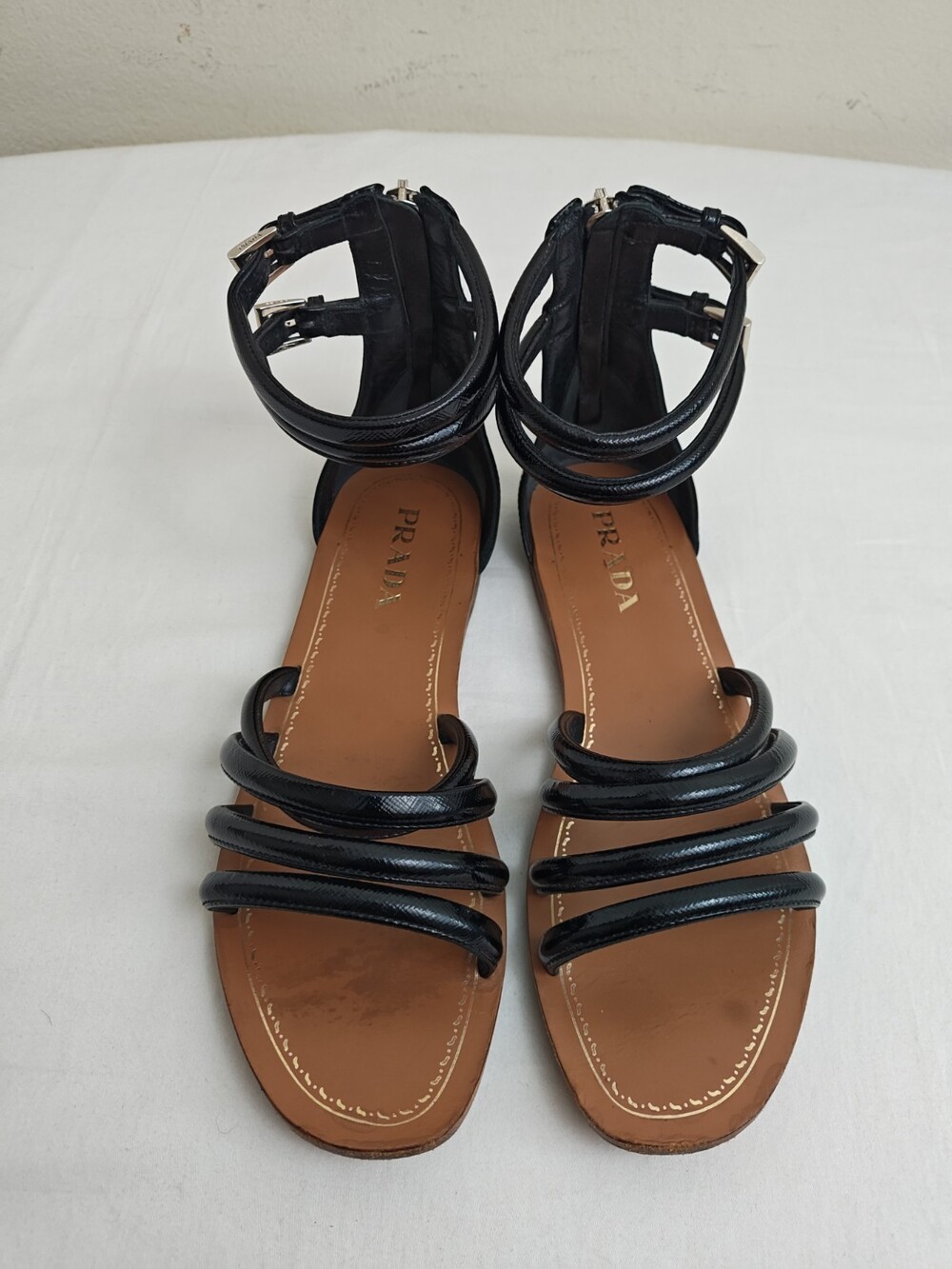 Prada Women Black Patent Leather Gladiator Strap Zipper Sandals Size EU 38-US 8